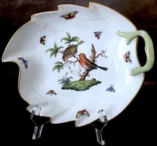200/RO HEREND HUNGARY ROTHSCHILD HP PORCELAIN 9" LEAF SHAPED BOWL DISH HANDLE 10