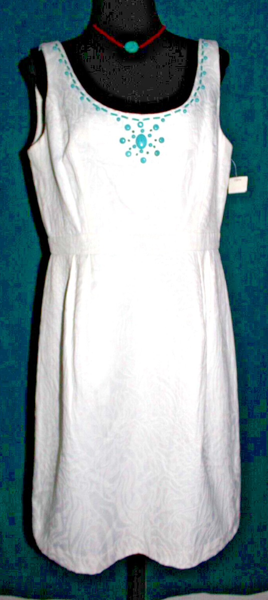 NWT $70 STUDIO I White Cotton Blend Dress Turquoise Bead Scoop Neck Sz 14 Sheath