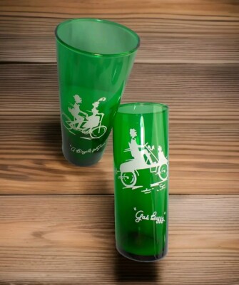 Anchor Hocking 2 Green Tumblers Ice Tea Highbal Bicycle for Two & Gas Buggy 6½'' 