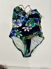Women's Shirred Ruffle One Piece Swimsuit - Navy Blue Tropical Print 16W