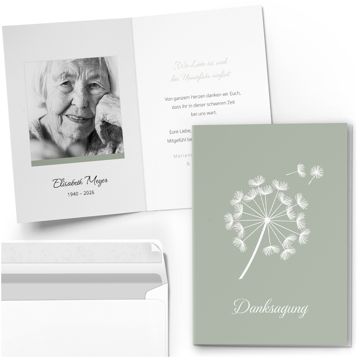 Trauer Danksagung Karte 10 Klappkarten mit Umschlag Text Foto Pusteblume grün