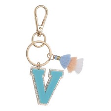 Initial Letter Keychain, Cute Alphabet Letter-V Charm with Tassel, Light Blue