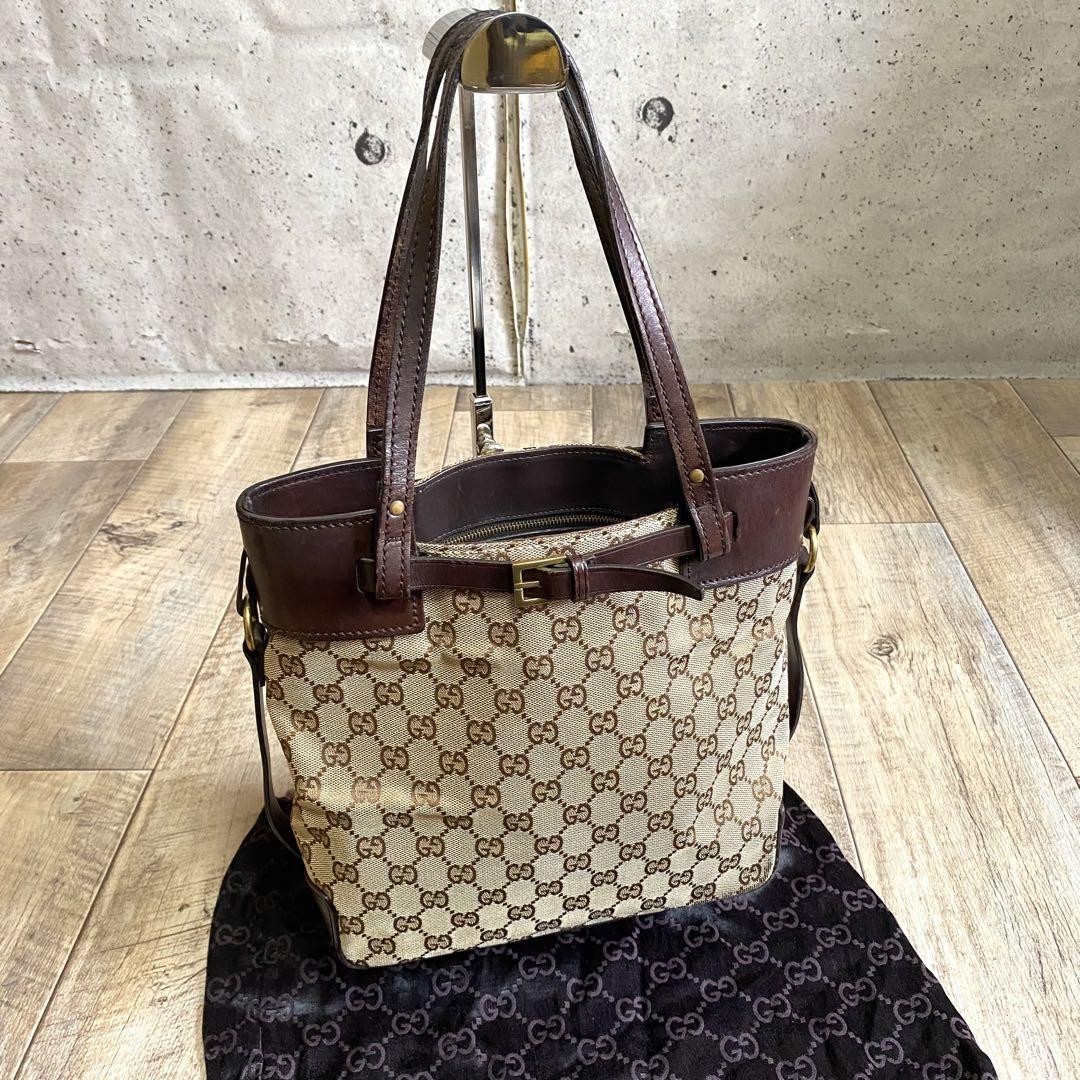 Gucci GG canvas tote bag in brown leather imported from Japan