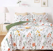 Full Size Comforter Set, White Yellow Floral, Green Leaf Pattern Print Reversibl