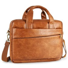 Faux Leather Messenger Bag for Men 17.3 Inch: Laptop Bag Briefcase Pu Brown