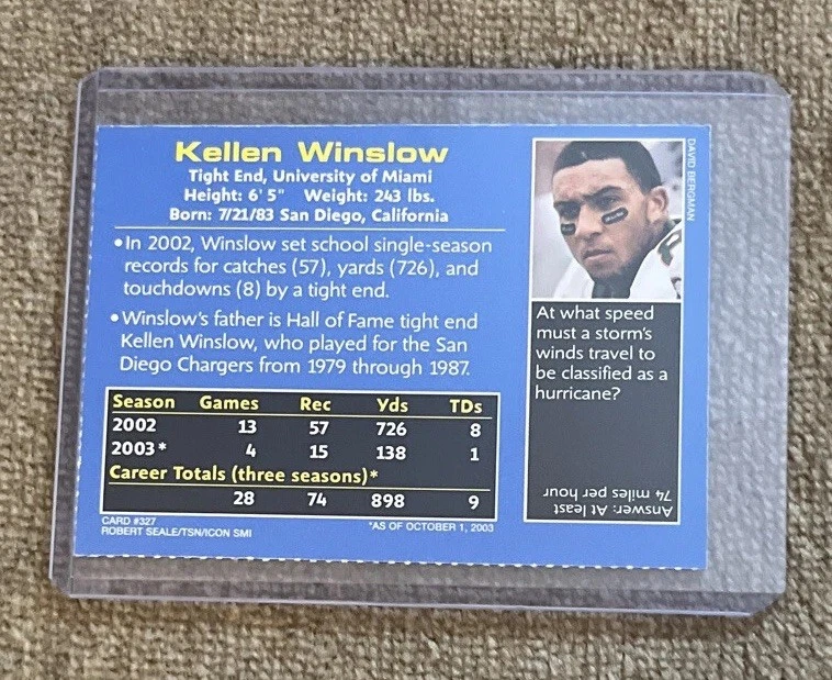 KELLEN WINSLOW ROOKIE 2003 Sports Illustrated Kids SI Browns NFL U Miami - Image 2 of 2