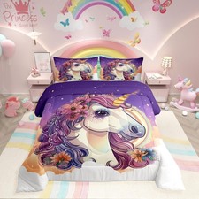 Girls Twin Bedding Set Rainbow Unicorn Comforter 2 Pcs Pink Unicorn Girls Bed...