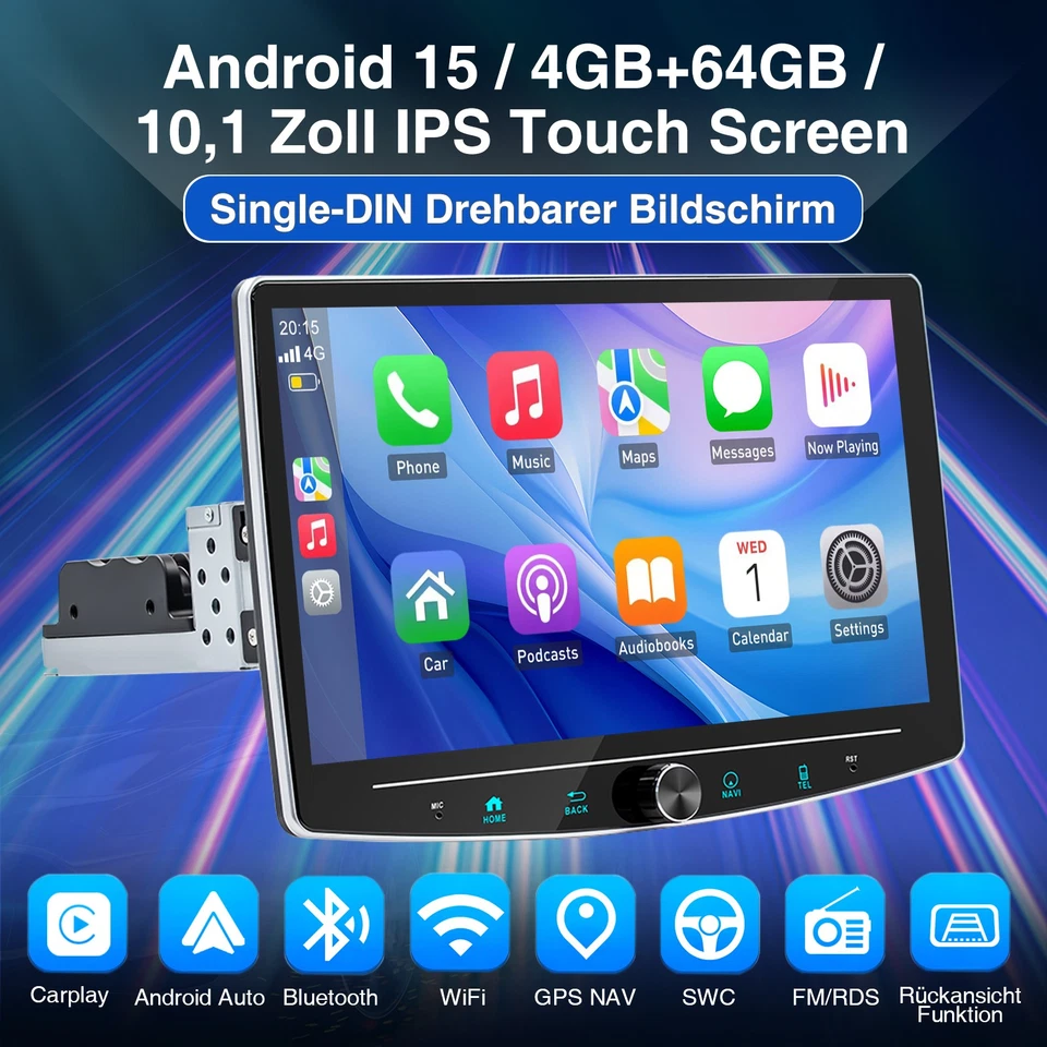 DAB+ 10.1" Android 15 360° Drehbar Bildschirm Autoradio 4+64G Carplay GPS BT RDS - Bild 2 von 4