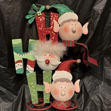 Pier 1 One VINTAGE HoHoHo SANTA ELVES HO HO HO Glittr Figurine Decor V RARE VGUC