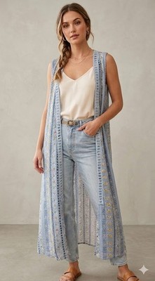 Tulip B Blue Pineapple Print Sleeveless Duster Kimono XL Crochet Back Boho