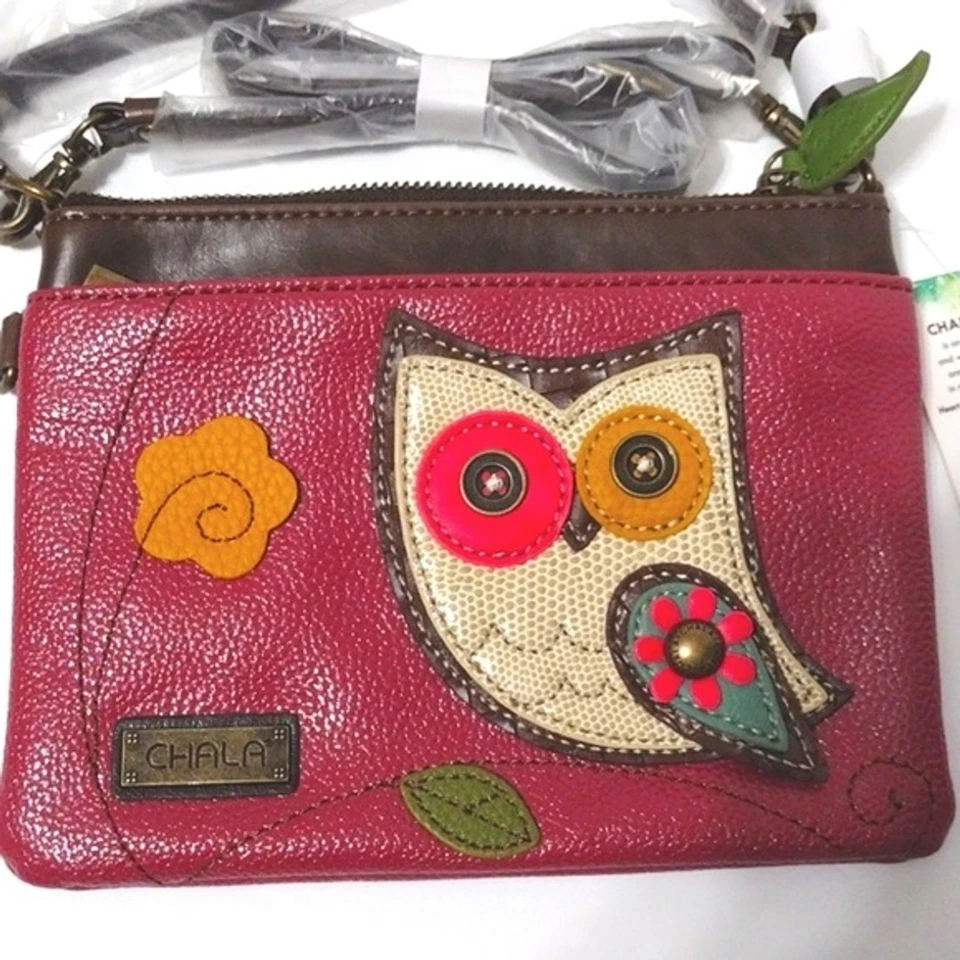 NUEVO CON ETIQUETAS Chala Slim Owl Convertible Bandolera Bolso sin asas Rosa Oscuro Vegano Bolso de mano Foto 3 de 4