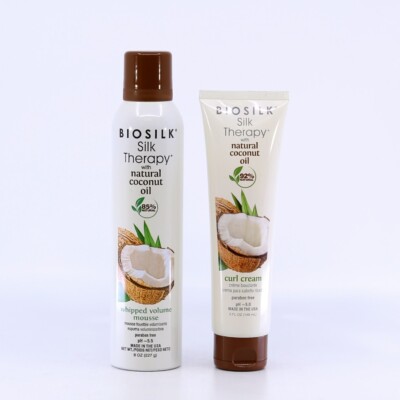 biosilk with natural coconut oil-whipped volume mousse 8oz & curl curl cream 5oz