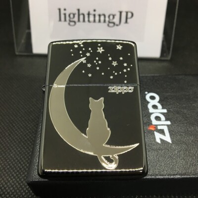 Zippo Logo Crescent Moon Cat Stars Night Sky Silver Black Oil Lighter Japan New