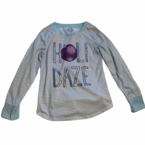 So Girls Size 7/8 Long Sleeve Pajama Shirt Blue White Stripes Holidaze Silver