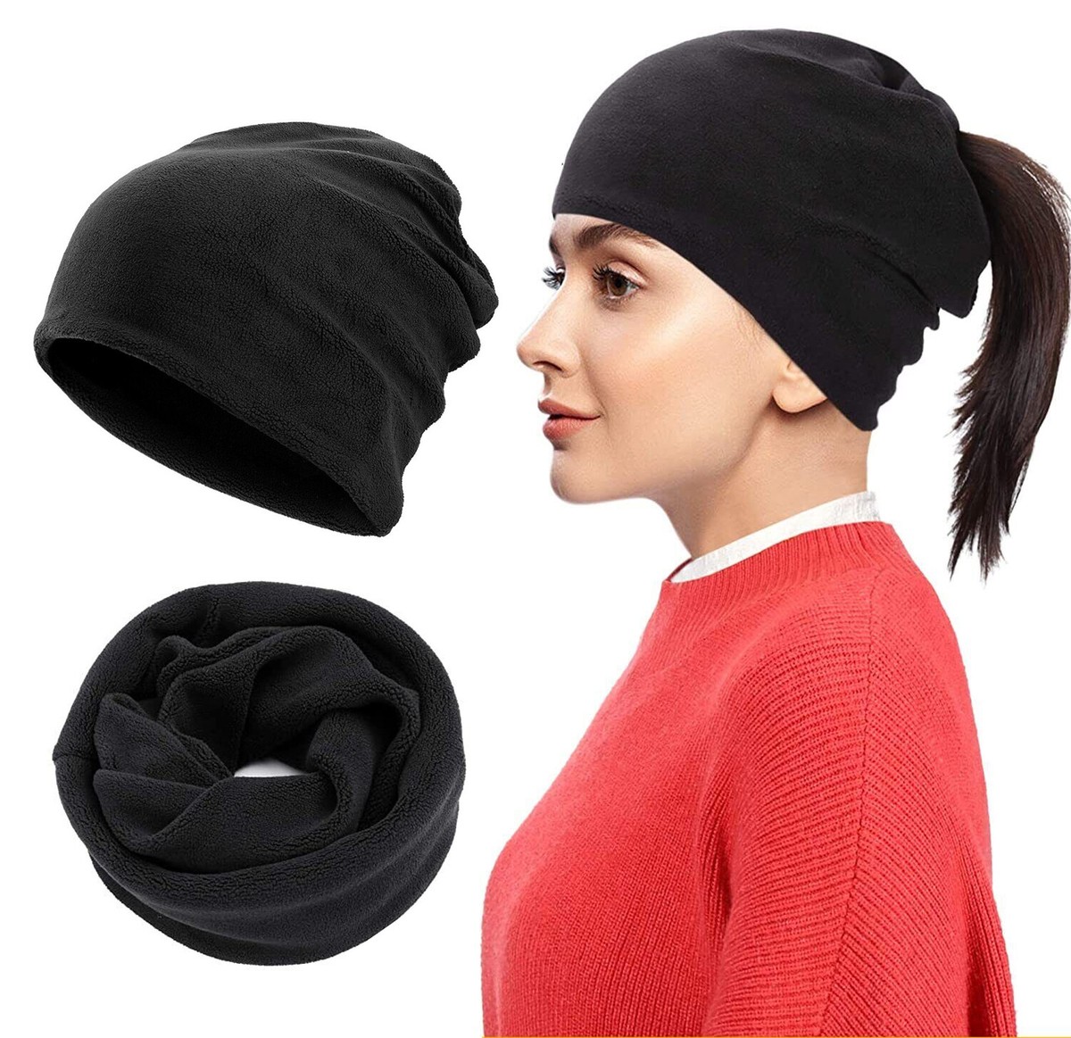 Bonnet Noir Extensible – Fleur Blanche – Taille Unique – Femme/Homme