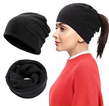 Womens Fleece Warm Beanie Hat with Ponytail Hole Skull Cap Stretch Head Wrap Hat