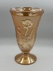 Vintage 1960s Jeanette Iris Iridescent Herringbone Marigold Carnival Glass Vase.