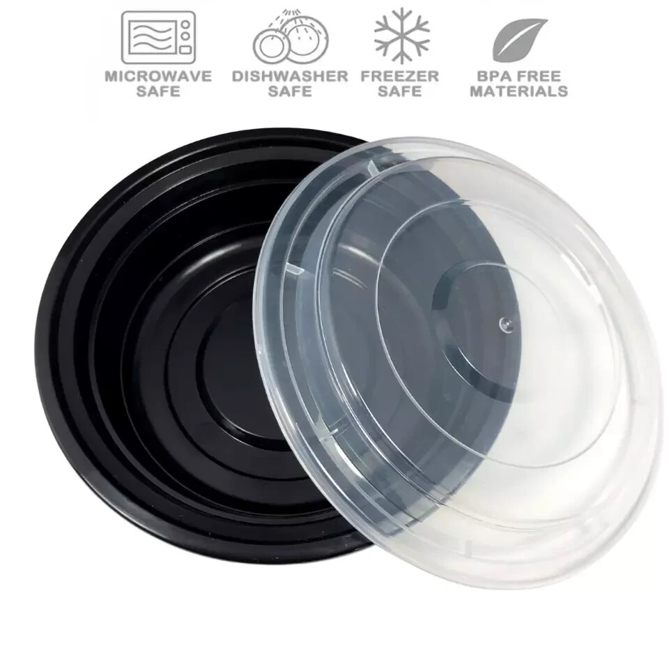 50 Piece 16oz Black 6" Round Food Prep and Storage Containers with Clear Lids