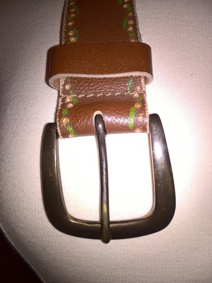 Vintage Brown Leather Belt Tooled Hand Painted Floral Boho  display picture 2