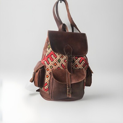 Vintage Kilim and Genuine Leather Backpack Bohemian Moroccan Unisex Handmade Handmade Moroccan Kilim Backpack, Boho Bag Made of Leather  main image 3