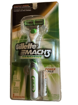 Gillette Mach3 SENSITIVE POWER Razor  Handle 1 Refill Cartridge BATTERY DAMAGED