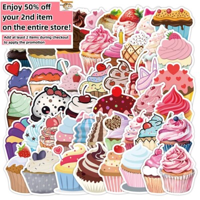 50pcs Waterproof Vinyl Stickers Cupcake Birthday Party Luggage Phone Laptop Car