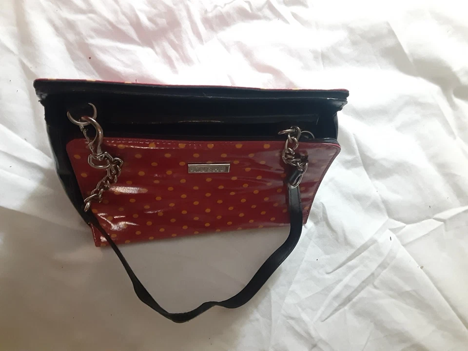 Miche Red Yellow Polka Dot Patent Vinyl Look Purse Handbag Chain Strap, 8x5x4.5" - Image 2 of 4