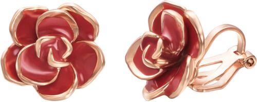 18K Gold Plated Red Rose Flower Clip on Earrings for Women - Hypoallergenic Jewe - Afbeelding 1 van 6