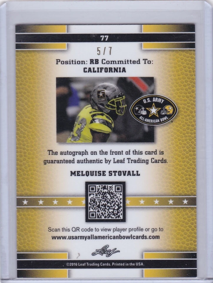 Melquise Stovall 2016 Leaf US Army All-American Bowl Autograph 5/7 - Image 2 of 2