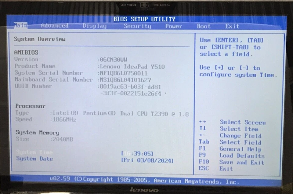Lenovo Ideapad Y510 15.6"Laptop Pentium T2390 2GB 160GB No OS Boot/BIOS H1908 - Image 2 of 4