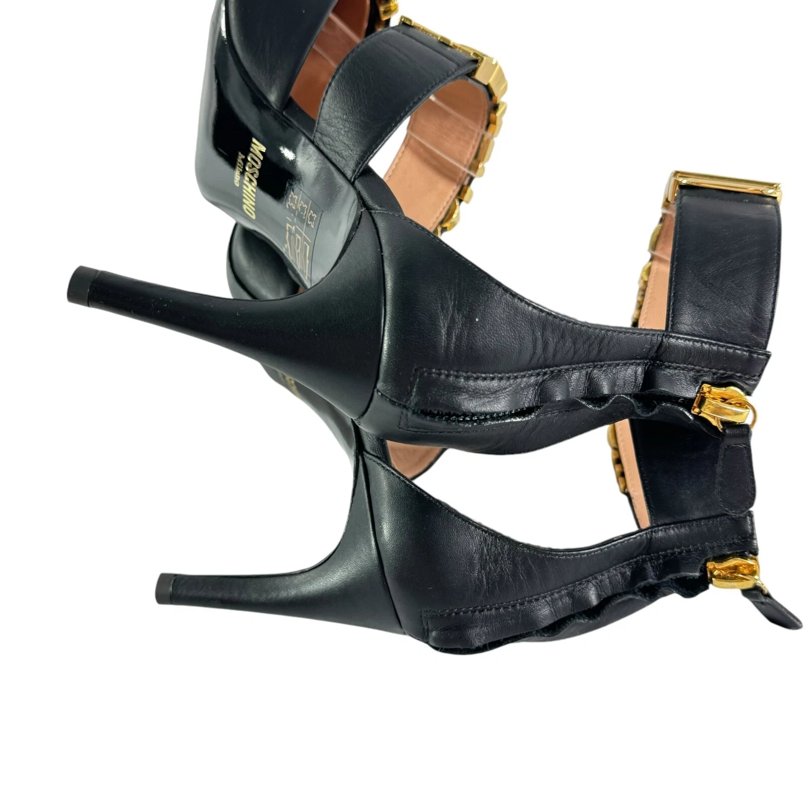 $890 MOSCHINO Milano sandali neri in pelle con logo lettera cinturino Italia 36 6US