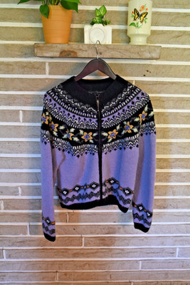 Icelandic Design Vintage Wool Angora Knit Cardigan Zip Fair Isle Floral S Purple