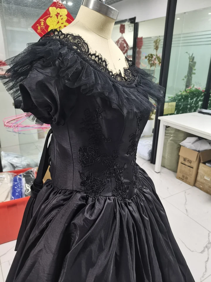 Vestido de graduación vintage gótico victoriano años 50 negro satinado fiesta de cumpleaños vestidos de graduación Foto 3 de 4