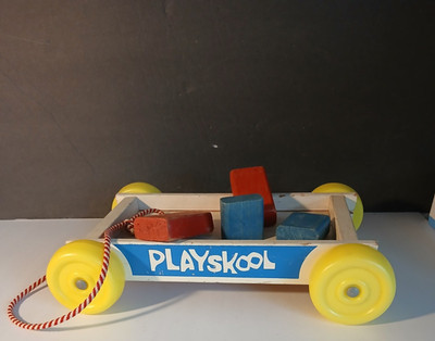 Vintage Playskool Colored Letter Wood Block Wagon Kids - 24 Blocks, Wagon, Box