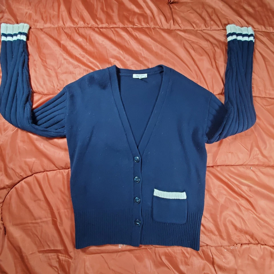 RAG & BONE Navy & White Serena Button Front V-Neck Cardigan Sweater MEDIUM $295 - Image 3 of 4