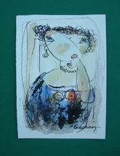 Signed Original Watercolor Painting, Expressionist Female Portrait by Gegham