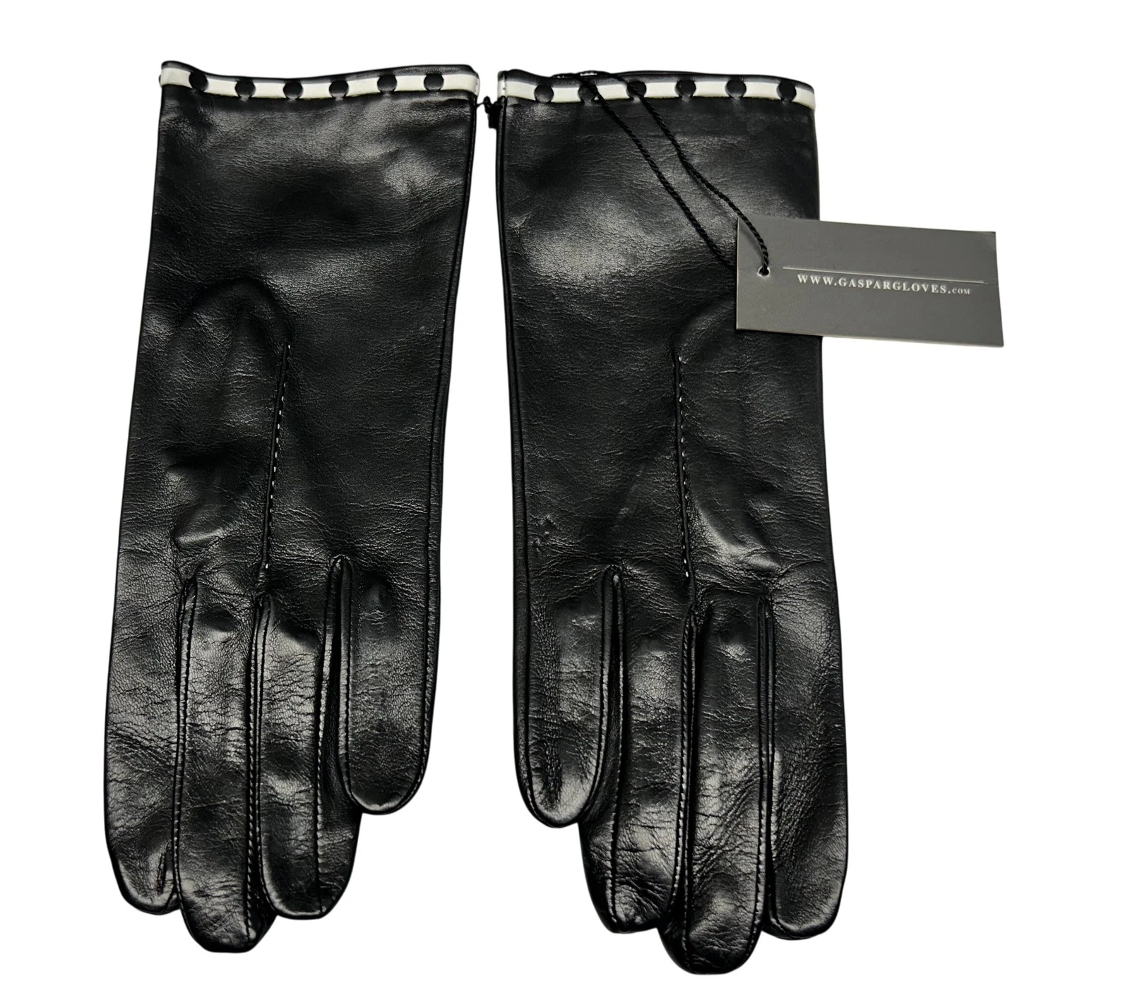 Gaspar Gloves Leather Gloves Women's 7.5 Black White Trim Polka Dot Dress Lined
