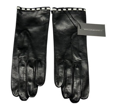 Gaspar Gloves Leather Gloves Women's 7.5 Black White Trim Polka Dot Dress Lined