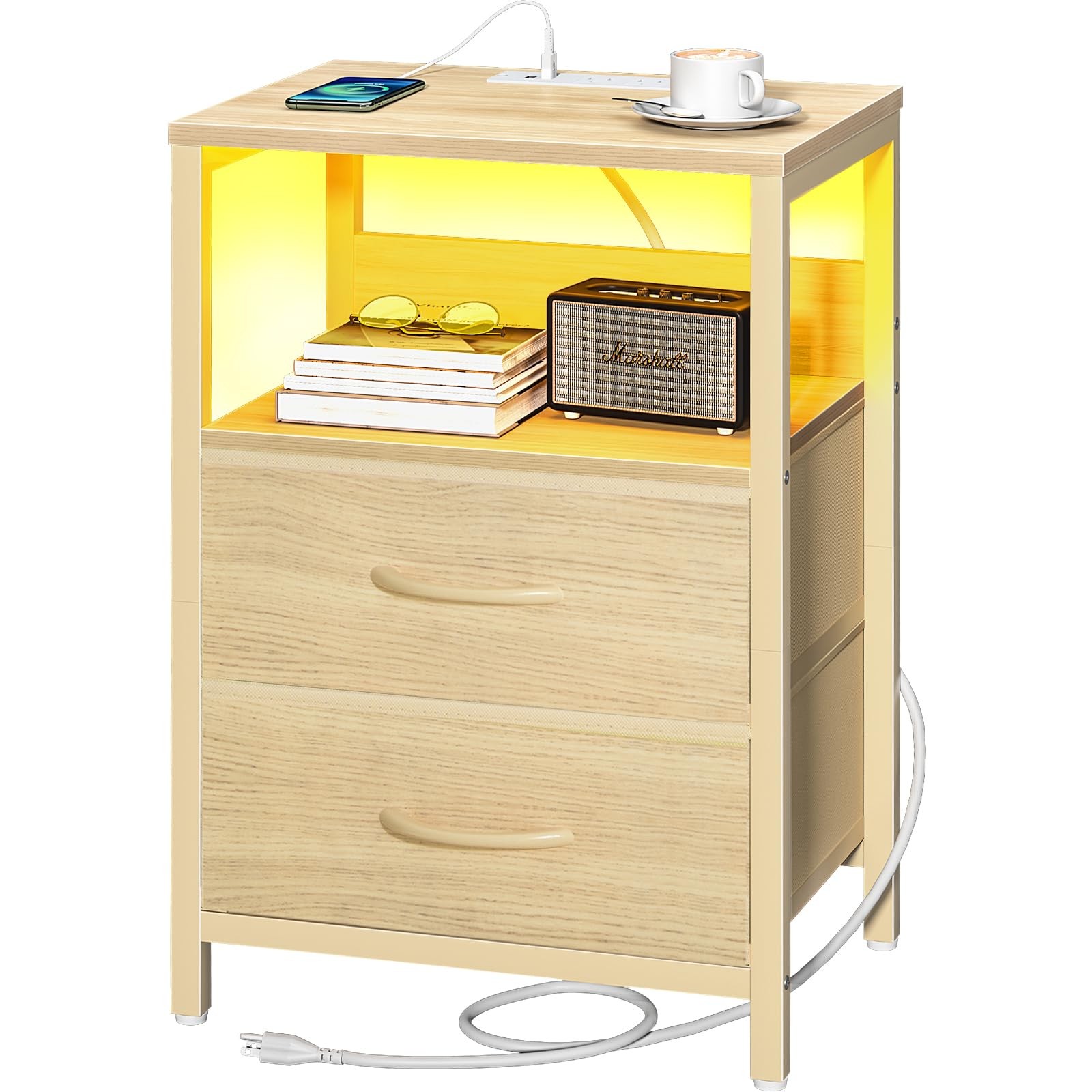 LED Nightstand with USB Charging Station & Fabric Drawers, Storage Side Table-image