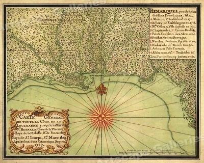1740s Early Map of the Gulf Coast - Texas, Louisiana, Florida - 16x20