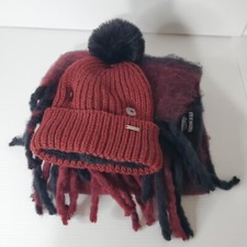 Steve Madden Women's Cuff Beanie Hat With Pom Pom Scarf Gift Set Red Black New