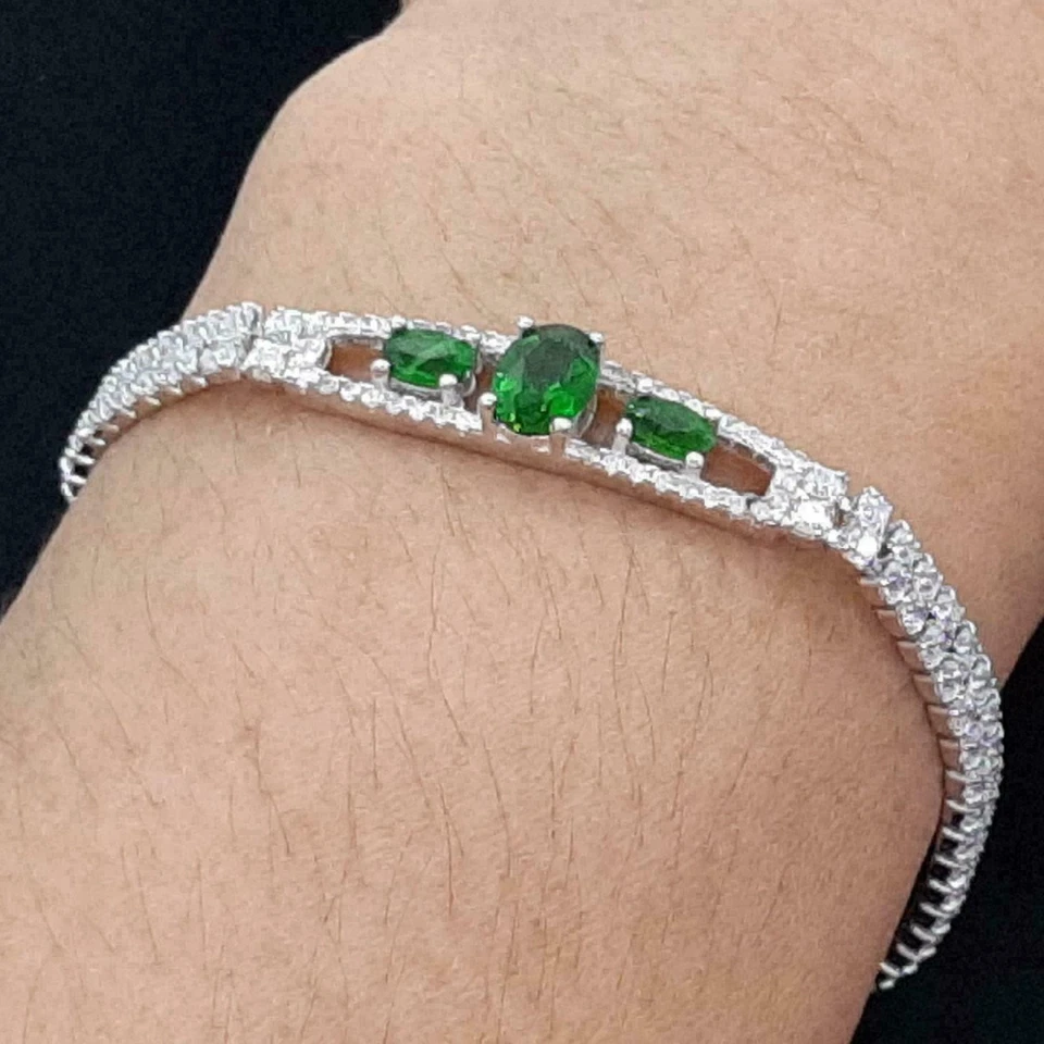 5 Ct Oval Cut Emerald Lab Created Diamond Tennis Bracelet 925 Silver Gold Plated - Image 3 of 4