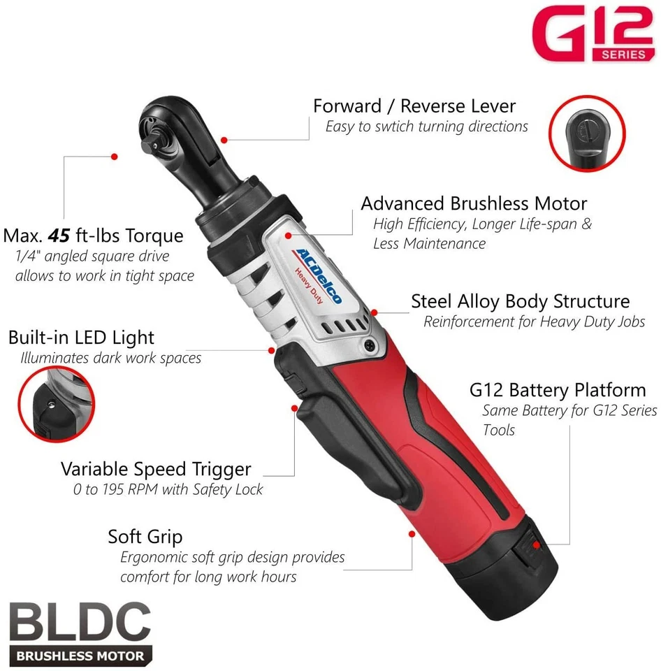 ACDelco 12V 1/4" & 3/8" Brushless Ratchet Wrench Combo Tool Kit ARW12103-K8 - Image 2 of 4