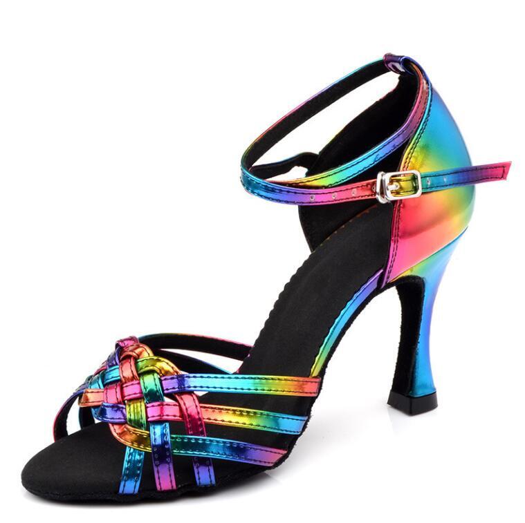 Zapatos de tacón alto para salón de baile latino tejido multicolor para mujer y niña