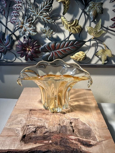 Hand Blown Murano Style Yellow Amber Art Glass Vase, GORGEOUS ITALIAN DESIGN