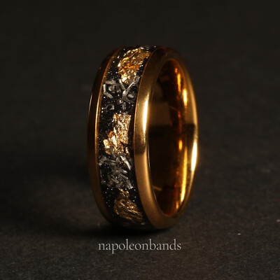 Meteorite Crushed Gold Leaf Flake Ring Mens Wedding Band Solid Tungsten Men Ring