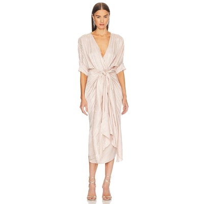 Callahan Sami Midi Dress Blush Cream V-Neck Wrap Tie Sheen Leaf Print Sz M