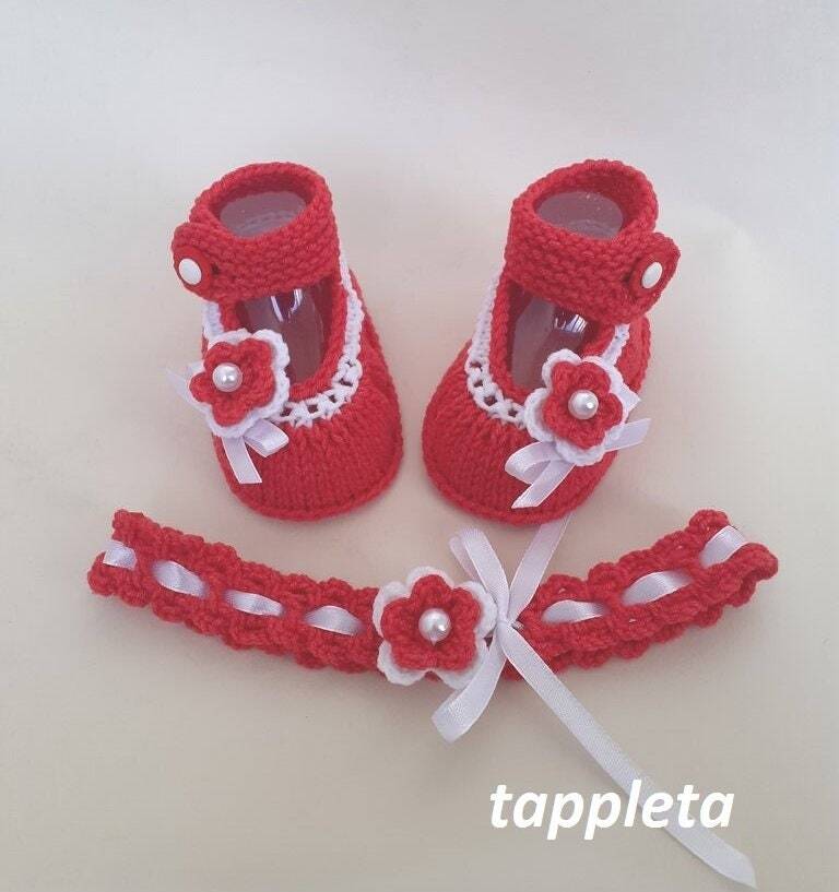 Red Booties and Headband, baby girl red booties, knitted sho