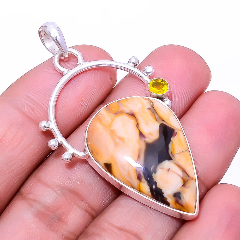 Petrified Peanut Wood Jasper - Australia & Citrine 925 Silver Pendant 2.11