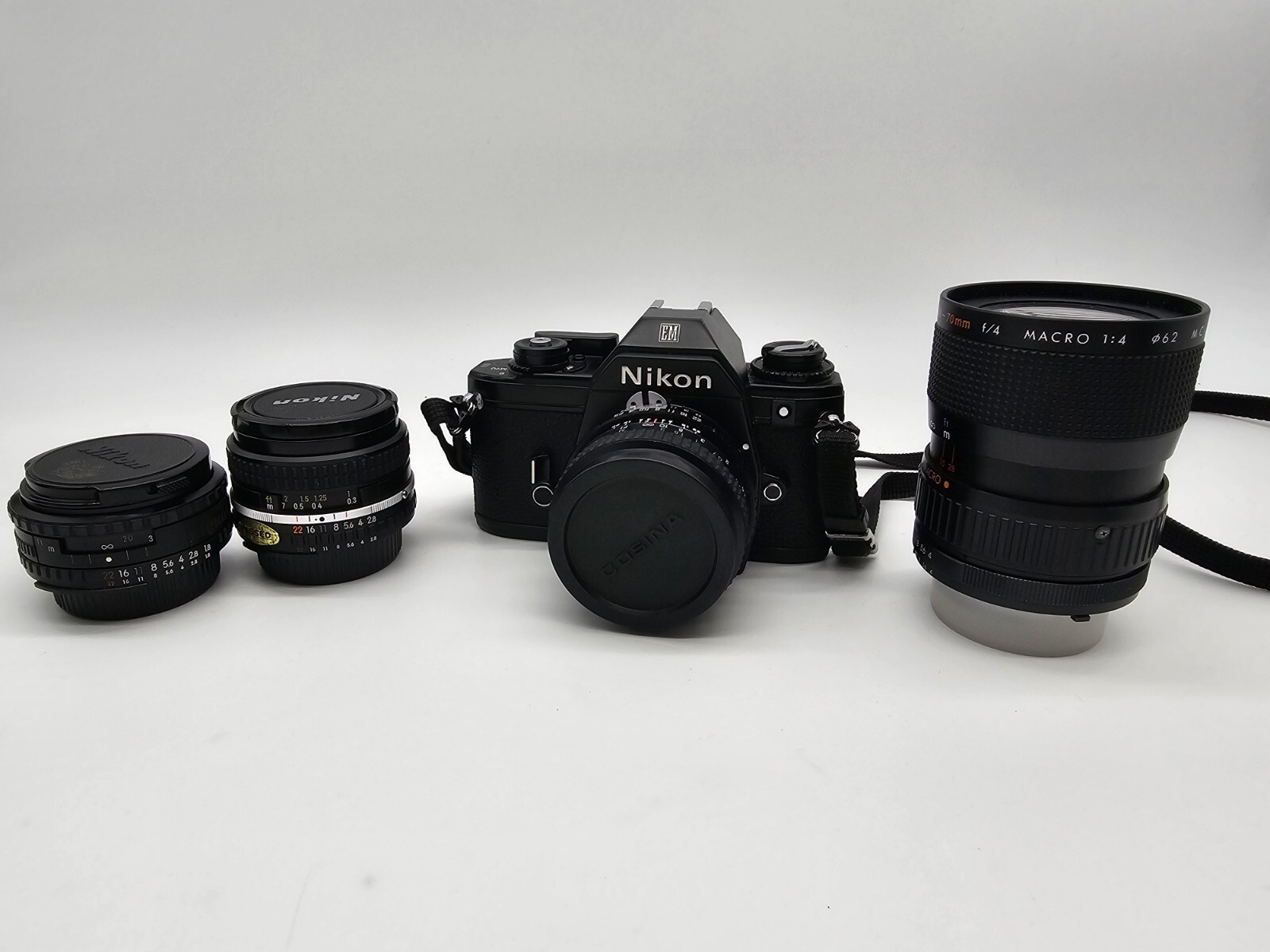 Nikon EM SLR 35mm Film Camera Bundle 3 Lenses 50mm 28mm Kiron 2870mm Macro eBay